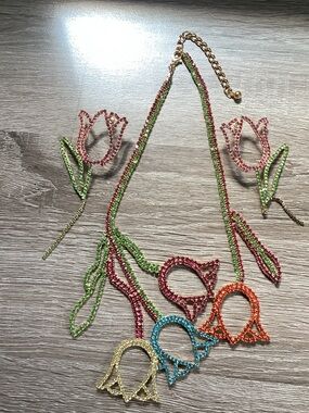 Colorful Beaded Flower Necklace - Pink, Green, Red, Orange, Blue, Yellow
